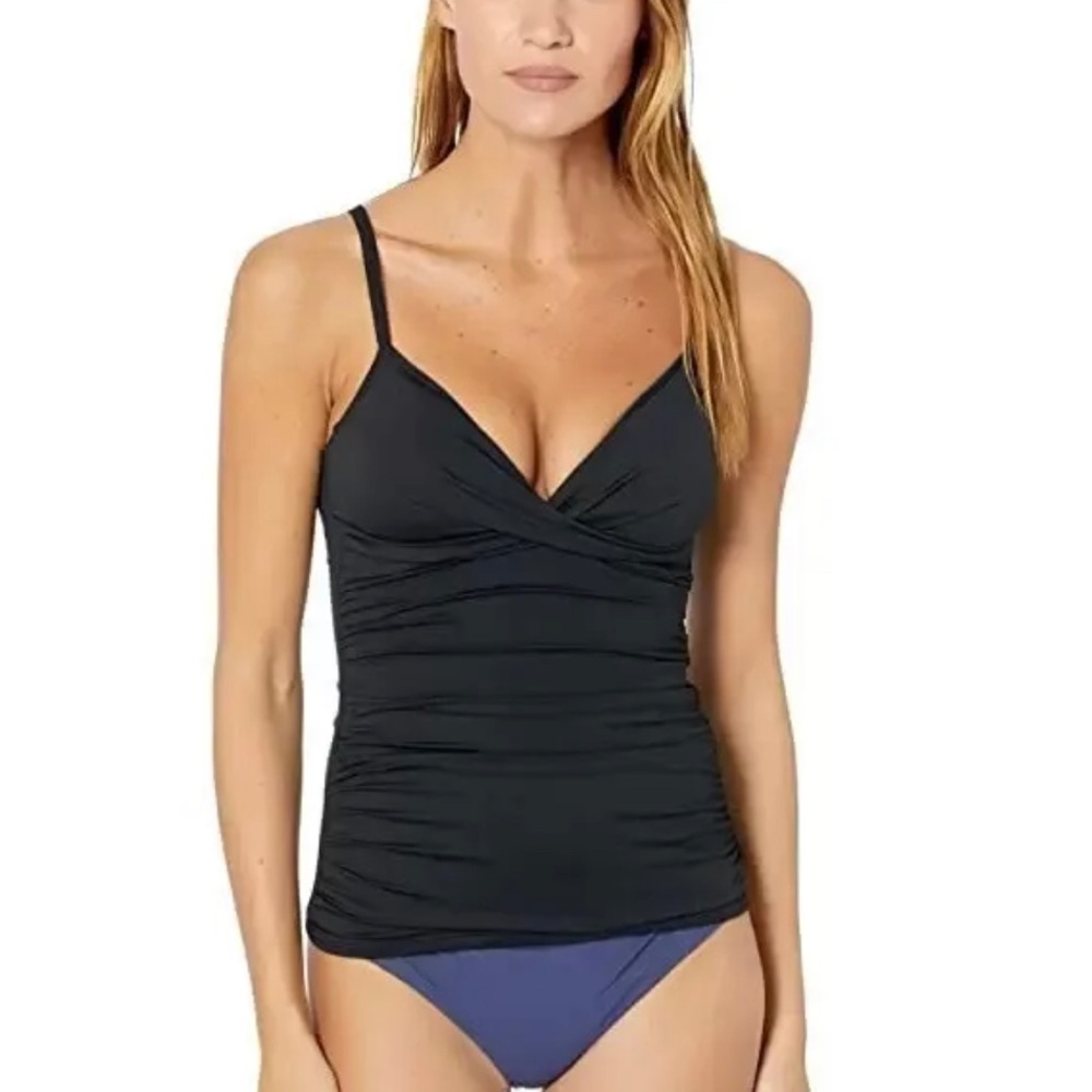 LAUREN Ralph Lauren Beach Club Solid Surplice Tankini Top Black Size 8
